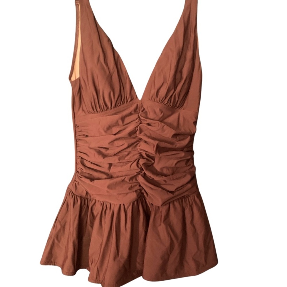 Shape FX Chocolate Brown Ruched Skirt One Piece Bathing Suit